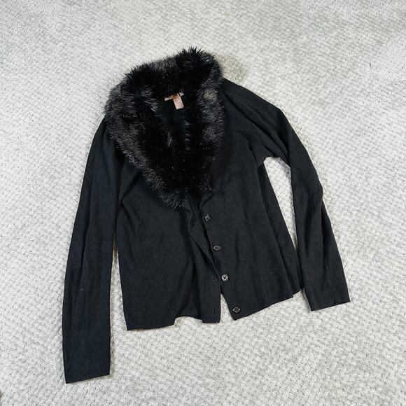 Vintage Y2K Black Faux Fur collar Black classic button down cardigan sweater M - Picture 1 of 4